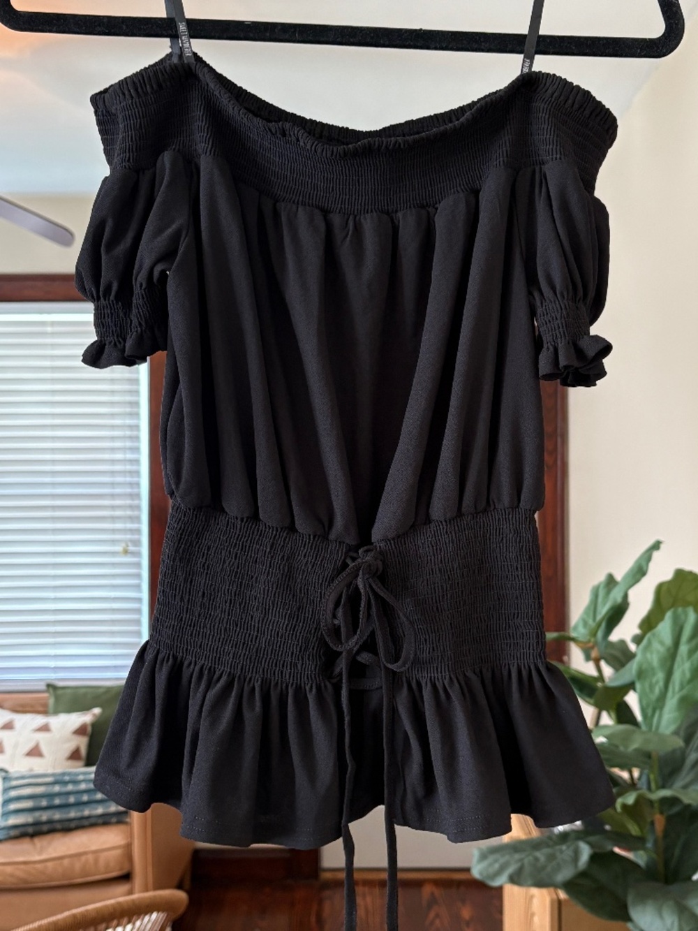 Sweet Wanderer Black Peasant Top Smocked Waist Ruffle Sleeve Boho Cottagecore S